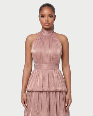 JOSSINA Pleated Halter Tiered Bubble Maxi Dress