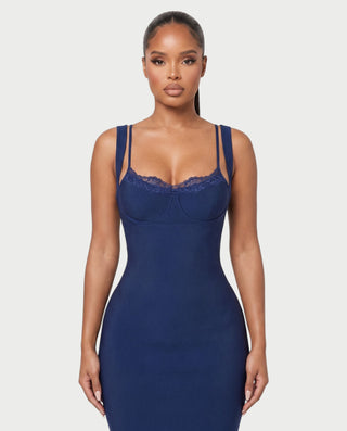 ELIZANA Lace Trim Lace-Up Back Midi Dress