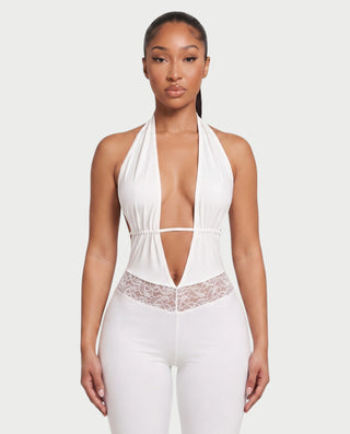 KIAMI Plunging Halter Lace-Trim Open-Back Romper