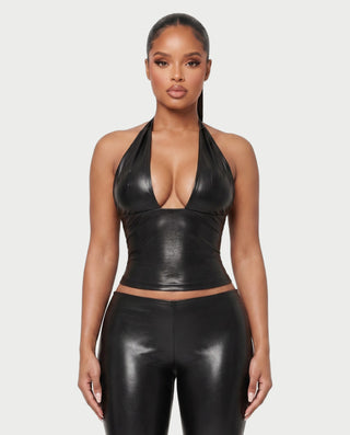 ALVIDA Faux Leather Plunge Halter Top & Capri Pants Set