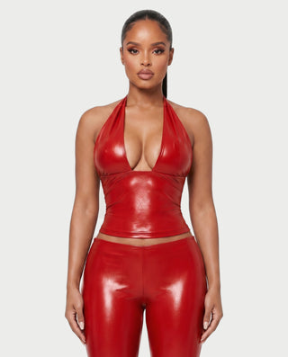 ALVIDA Faux Leather Plunge Halter Top & Capri Pants Set