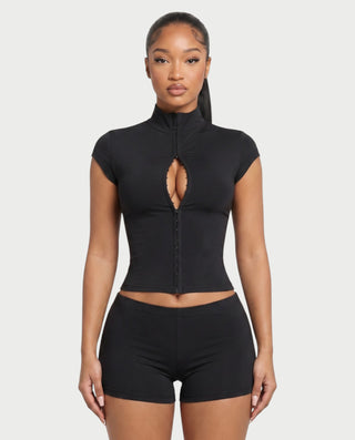 AYESHA Mock Neck Hook-Front Top & Mini Shorts Set