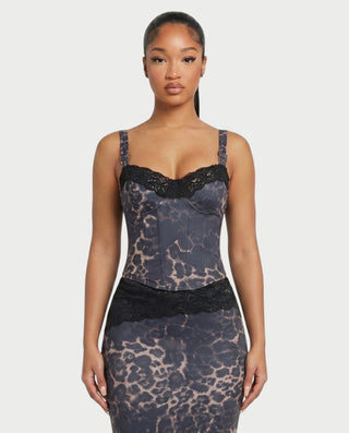 YVE Leopard Print Lace Bustier Top & Maxi Skirt Set