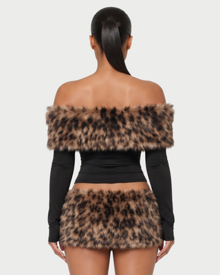 VIVIEN Leopard Off-Shoulder Faux Fur Trim Mini Skirt Set