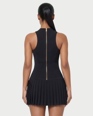 RETTA Mock Neck Belted Pleated Mini Dress