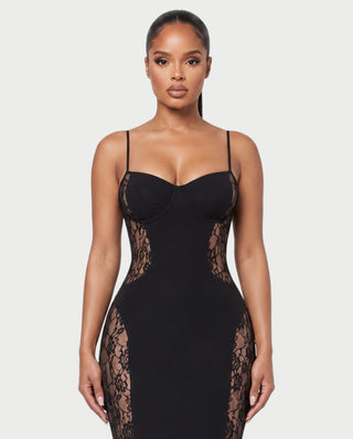 NEVE Spaghetti Strap Lace-Panel Bustier Bodycon Maxi Dress