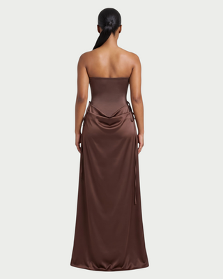 VELIA Corset Ruched Draped Satin Maxi Dress