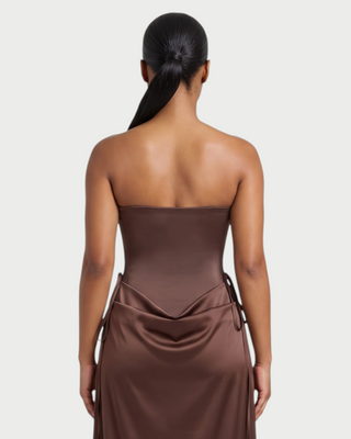 VELIA Corset Ruched Draped Satin Maxi Dress