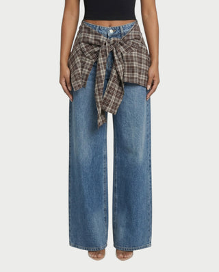 ESSIA Plaid Waist Straight-Cut Denim Pants
