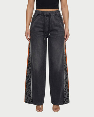 DINES Leopard-Panel Wide-Leg Denim Pants