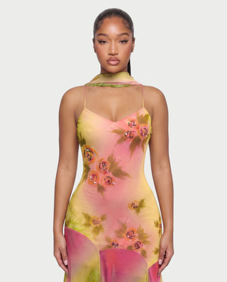LUNETTE Floral Print Scarf & Asymmetric Midi Dress