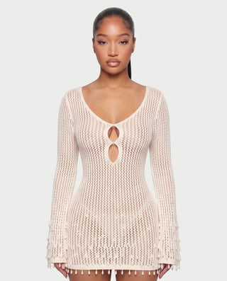 VESPARA Open Knit Tassel Cover-Up Mini Dress