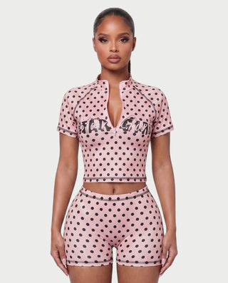 STARLYN Polka Dot Zip-Up Top & Shorts Set