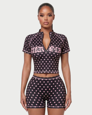 STARLYN Polka Dot Zip-Up Top & Shorts Set