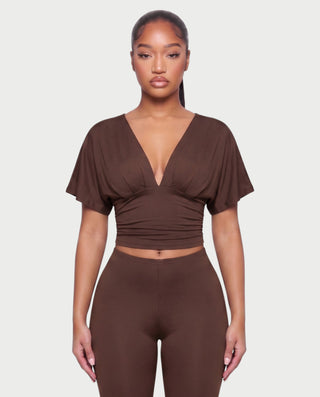 SALEN Plunge Flutter Sleeve Top & Capri Leggings Set