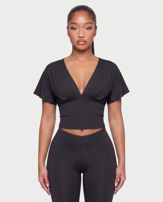 SALEN Plunge Flutter Sleeve Top & Capri Leggings Set