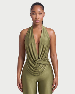 FELY Cowl Halter Top & Flared Pants Set