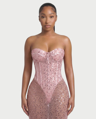 LARIA Sheer Sequin Corset Maxi Dress