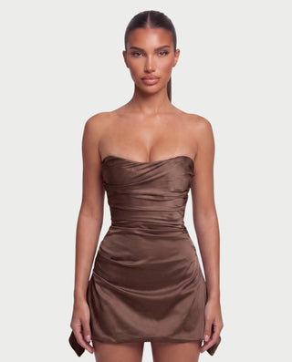 YULA Ruched Bodice Flared Mini Dress