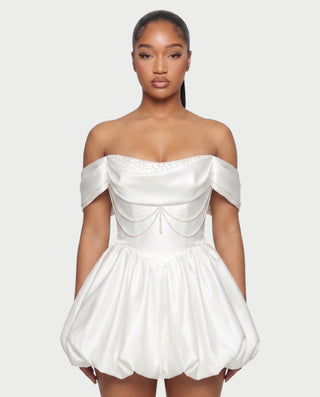 LESSY Pearl Draped Off-Shoulder Bubble Mini Dress