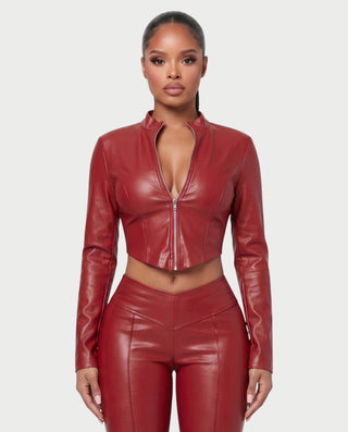 VEXARA Zip-Up Faux Leather Jacket & Flared Pants Set