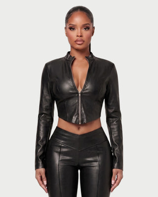 VEXARA Zip-Up Faux Leather Jacket & Flared Pants Set