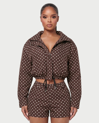 MARZELLE Polka Dot Zip-Up Cropped Jacket & Shorts Set