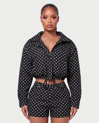 MARZELLE Polka Dot Zip-Up Cropped Jacket & Shorts Set