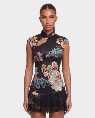 FLORIA Floral High-Neck Collar Mini Dress