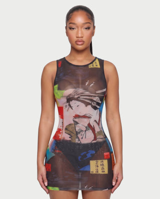AMIE Oriental Print Bodycon Mini Dress