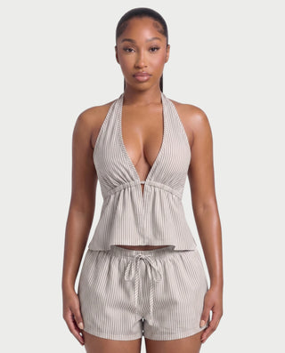 HARIYA Striped Halter Peplum Top & Shorts Set