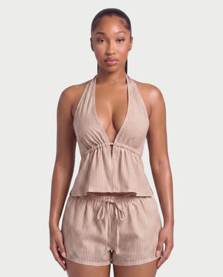 HARIYA Striped Halter Peplum Top & Shorts Set