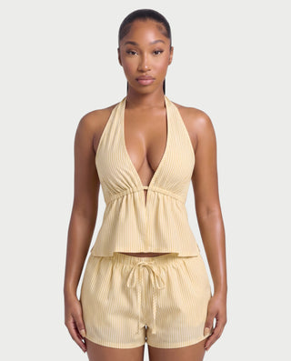 HARIYA Striped Halter Peplum Top & Shorts Set
