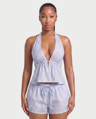HARIYA Striped Halter Peplum Top & Shorts Set