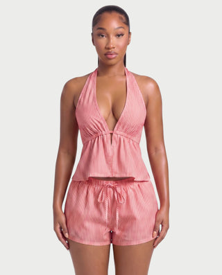 HARIYA Striped Halter Peplum Top & Shorts Set