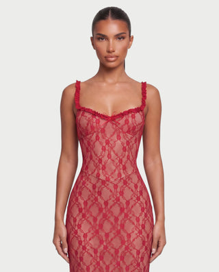 ADELISE Lace Mesh Ruffle Hem Midi Dress
