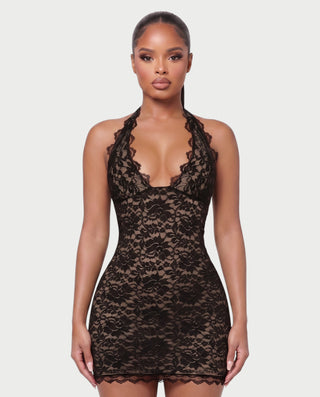 NERVA Plunge Lace Bodycon Halter Mini Dress