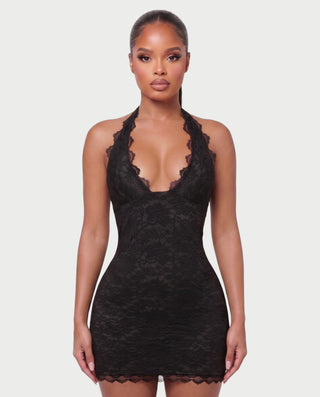 NERVA Plunge Lace Bodycon Halter Mini Dress