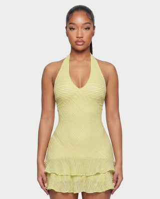 SAMINE Halter Knit Ruffle Hem Mini Dress