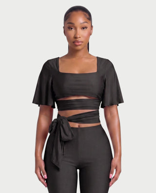 REMINA Three-Piece Square Neck Wrap Sash & Capri Pants Set