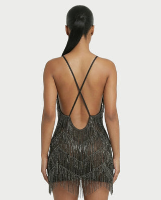 KRISSE Backless Crystal Diamond Tassel Mini Dress