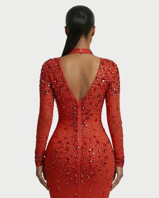 SOSANE Diamond High-Neck Feather Mermaid Maxi Dress