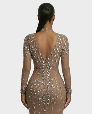 SOSANE Diamond High-Neck Feather Mermaid Maxi Dress