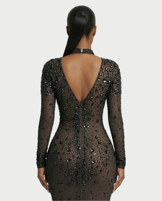 SOSANE Diamond High-Neck Feather Mermaid Maxi Dress