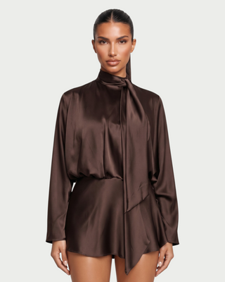 AZIEL Draped Scarf Neck Long Sleeve Mini Dress
