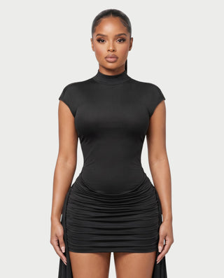 SHAZIA Mock Neck Ruched Drape Bodycon Mini Dress