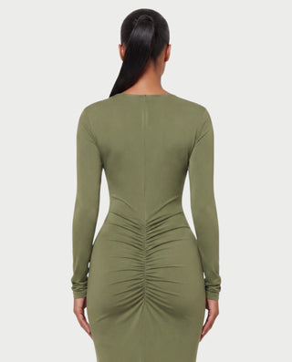 MINEA Plunge Cutout Long-Sleeve Ruched Bodycon Maxi Dress