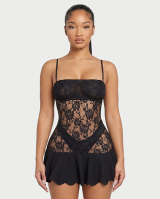 MERNA Floral Lace Sheer Bodycon Flounce-Hem Mini Dress