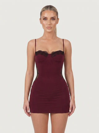 RIRI Spaghetti Strap Lace-Trim Bustier Bodycon Mini Dress