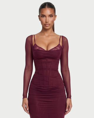 NOIR Lace Bust Sheer Mesh Long Sleeve Maxi Dress